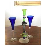 Hand Blown Art Glass Candlestick, Pair of Cobalt Tulip Flutes; BIN $65