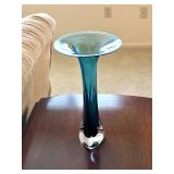 Hand Blown Deep Aqua Art Glass Tulip Vase, Signed, BIN $50
