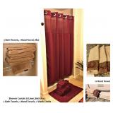 Set of Burgundy Lined Shower Curtain, Set of 6 Towels & Mat, 12 Hand Towels; BIN $25