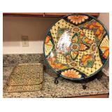 Traditional Mexican Hand Painted Talavera Style 21" Ceramic Platter & Stand, BIN $65