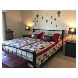 Contemporary Steel King Platform Bed, 2 Night Tables $150; Blanket, 4 Pillows $45; mattress not sold