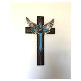 Painted Wood Cross with Wings, Concho & Leather Look $50