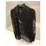 Embroidered & Beaded Burnout Fringed Chiffon Wrap with Metallic Black Thread & Fluff Scarf $45set