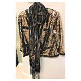 Gold Sequin Jacket M-L with Long Chiffon Painted Beaded Scarf $30set