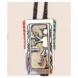 Sterling Kachina Overlay with Turquoise & Coral Bolo signed Leonard Jim, SALE $150