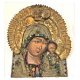 19c Russian MADONNA & CHILD Icon, Gilded & Silver Seed Beaded, Late Imperial, 20.5x18", SALE $600
