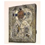 19c Russian SAINT & ANGELS Icon, Gilt Tin & Silver, Faux Gems, Late Imperial Period 12x10" SALE $225