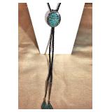 Sterling & Turquoise Inlaid Bolo 42x52mm & Tips; Stamped & Symbol Signed; SALE $115