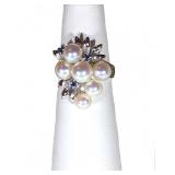 18kwg 6 High Luster Matched Cultured 5.5-6mm  Pearls, 3 .03ct Sapphires, size 5.5; SALE $350