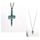 TURQUOISE & SILVER CROSS & 24" CHAIN, NOW $20