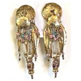 TABRA 14kgf BOHO SHIELD DANGLE EARRINGS-CRYSTALS-LAMPWORK BEADS-TUBES-CHARMS-1.78" Signed NOW $95