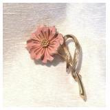 Vintage BOUCHER MAUVE ENAMEL WILD ROSE-Brushed GOLDTONE STEM+LEAF, 3"x1.43" Signed NOW $35