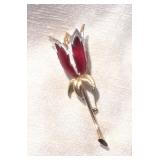 VinBOUCHER RED+WHITE ENAMEL, Goldtone DIMENSIONAL RED TULIP-LEAVES+STAMEN BROOCH; 3.25x1.25" NOW $50