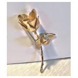 Vintage GIOVANNI Goldtone Polished & Brushed DIMENSIONAL ROSE & LEAVES BROOCH 3"x1.25 Signed NOW $20