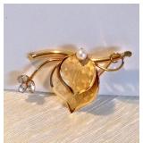 Vintage INC. Brushed 12kgf DUAL HEARTS ON A VINE + Faux PEARL & RHINESTONES 1.75"; Stamped NOW $20