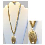 Vintage KRAMER Brushed Goldtone PENDANT+FAUX PEARL HALO-3 CHAINS+4 PEARL STATIONS 22.5" NOW $40