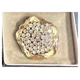 Vintage Crown TRIFARI Polished Goldtone FRAME+RHINESTONE SHIELD BROOCH 1.75" Signed NOW $48