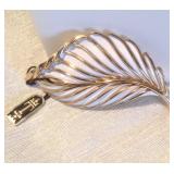 Crown TRIFARI POLISHED GOLDTONE + WHITE ENAMEL LEAF BROOCH 2.75"; NWT; NOW $18