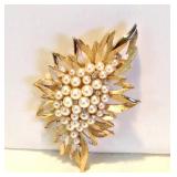 Crown TRIFARI Polished+Brushed Goldtone HOLLY+RHINESTONES+FAUX PEARLS 2.75", Signed, NOW $35
