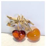 Vintage AMBER GUILD DOUBLE AMBER FRUIT-12kgf FILIGREE BRANCH+ LEAVES BROOCH 1.78x1.75" NOW $50