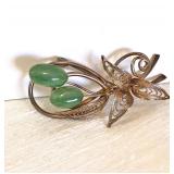 Vintage JADE OVAL BUDS on GF WIRE FILIGREE BRANCH + BRASS LEAVES Brooch 2x1" NOW $18