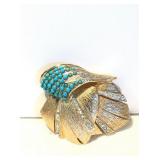 Vintage VENDOME Faux TURQUOISE+CLEAR RHINESTONES-Goldtone FRONDS BROOCH 1.75"X1.5"-Stamped NOW $25