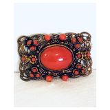 Vintage W.German FILIGREED COPPER on BRASS FAUX CORAL BROOCH, 1"x1.5" Signed NOW $25