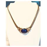 TRIFARI OMEGA LINK GOLDTONE CHAIN 17.5"x.50-Bezel Set FAUX LAPIS CAB 1"x1.25"+Faux SAPPHIRES NOW $30