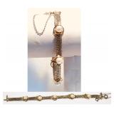 Rare 12kt GF 4 CHAINS + 5 6mm CULTURED PEARL STATIONS, Spring Clasp + Safety Chain 7" NOW $38