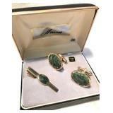 Vintage ANSON JADE CUFF LINK & TIE CLIP SET, Signed, Box NOW $28