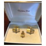Vintage CHRISTIAN DIOR GP CUFFLINKS 3/8" +TIE TACK SET, YELLOW RHINESTONES - Signed + # NOW $50