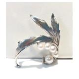 MCM BRUSHED & POLISHED STYLIZED FRONDS & 5 CULTURED PEARLS, Rhodium Plated 1.5x1.25", 5.8gm $28