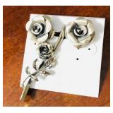 Vintage BEAU .925 ROSE EARRINGS .75"Dia, Screw Back; ROSE BROOCH 2.18"L Stamped $53