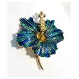Vintage BOUCHER BLUE-GREEN ENAMEL HIBISCUS BROOCH #8742 - Goldtone Pistil+Stem 2.5x2" Signed NOW $82