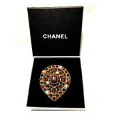 Vintage CHANEL TEARDROP BROOCH+ENHANCER with MULTI-COLOR GRIPOIX GLASS, FAUX PEARLS, 2.25"x2"