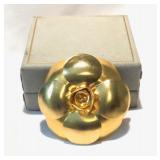 Vintage CHANEL GOLD TONE CAMELIA 2.28", FINELY BRUSHED PETALS+STAMEN; LOGO STAMP; NOW $650