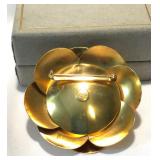 Vintage CHANEL GOLD TONE CAMELIA, LOGO Verso