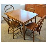 Vintage Dining Table with Hidden Leaves 42x30 $50; Antique Bow Back Spindle Windsor Chairs $25each