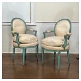 PAIR of TURQUOISE PAINTED FRENCH STYLE ARMCHAIRS