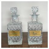 PAIR PAINTED LABEL MOLDED GLASS DECANTERS