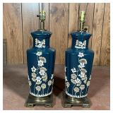 PAIR BLUE & ENAMEL DECORATED LAMPS