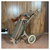 VINTAGE GOLF CLUBS & ROLLING HAND CART