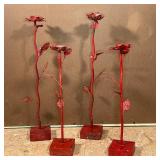 RED PAINTED FLORAL APPLIQUE CANDLEHOLDERS