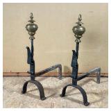BEAUTIFUL ANTIQUE BRASS & WROUGHT IRON ANDIRONS