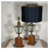 PAIR GLASS & BRASS LAMPS