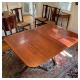 ANTIQUE DOUBLE PEDESTAL DINING TABLE | veneered top, ball and claw feet on casters, with extra leave
