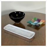 (3pc) DECORATIVE CATCHALLS | Including bowl with gilt rim signed on bottom (dia. 6 in. small chip), 