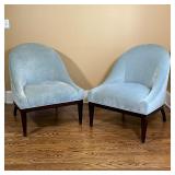 PAIR MODERN NAPOLEON STYLE SLIPPER CHAIRS | Grey-blue upholstery, slatted dark wood trim along seat,
