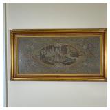 AMOROUS COUPLE CROSS STITCH | Antique cross stitch depicting couple meandering through gardens; in g