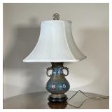 BRASS CHAMPLEVE VASE LAMP | Chinese design with dragon shaped handles, mounted on wood base; h. to t